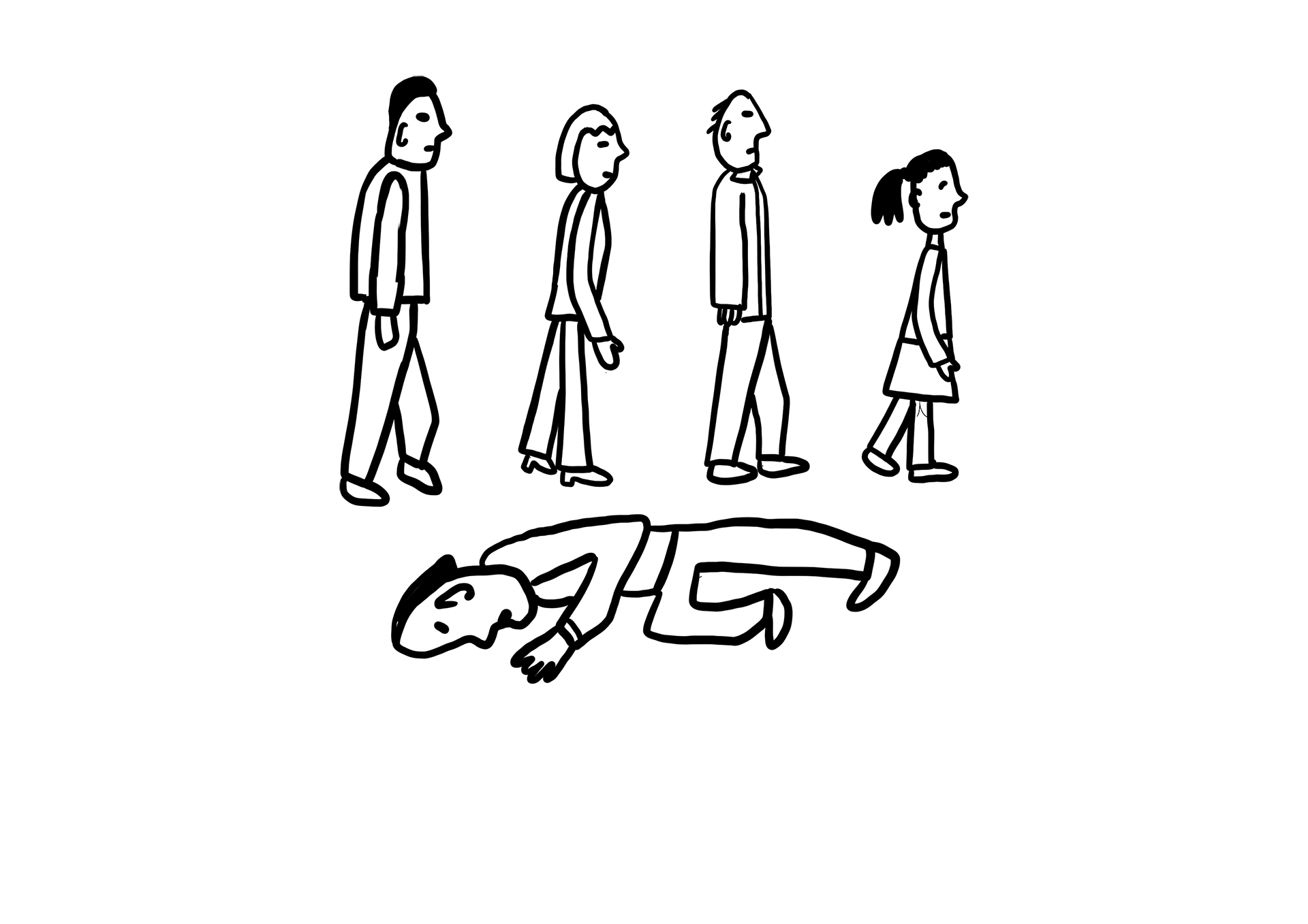 Fire mennesker går forbi en person som ligger på bakken (stilisert tegning)