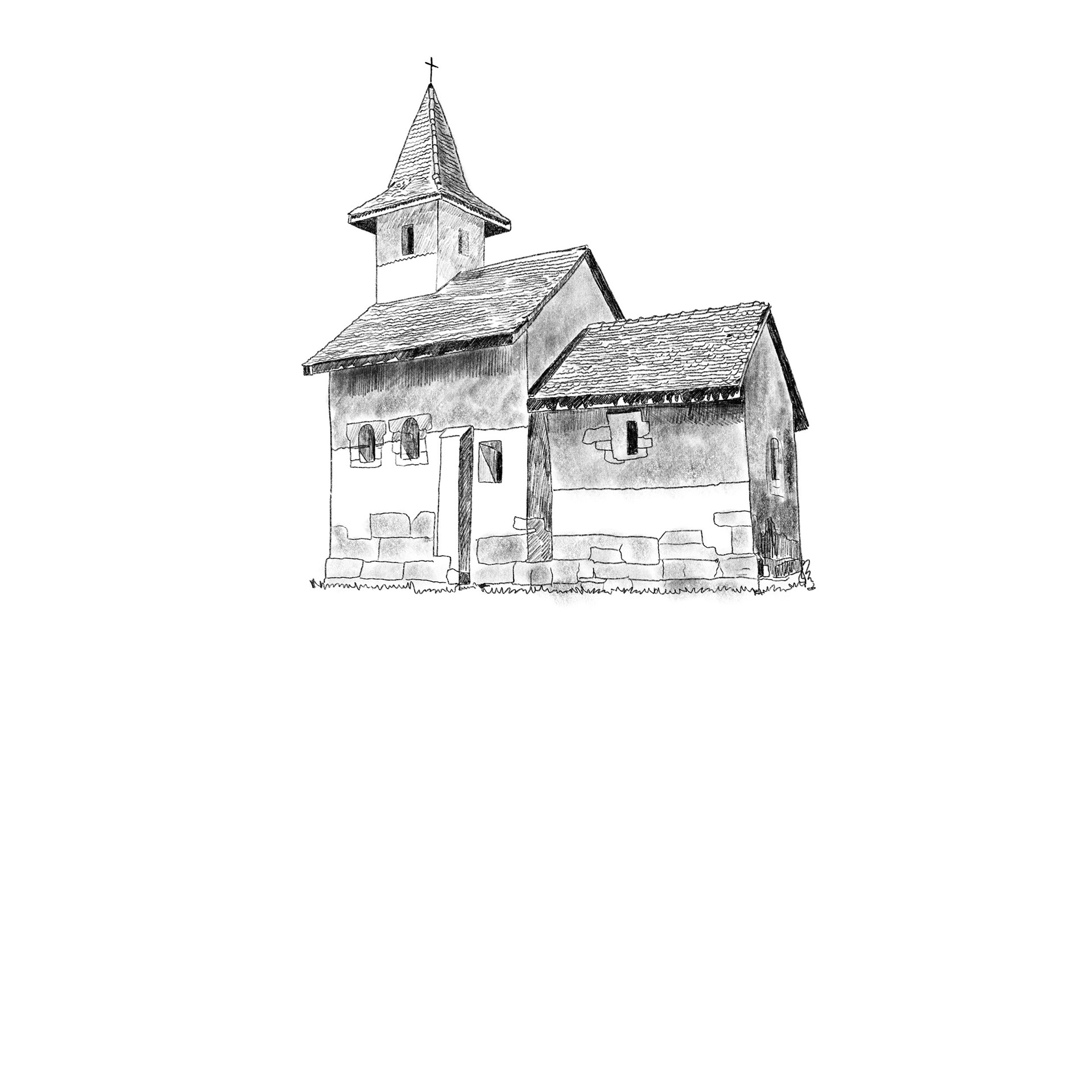 En veldig liten, gammeldags kirke fra Roşia Montană-området (tegnet)