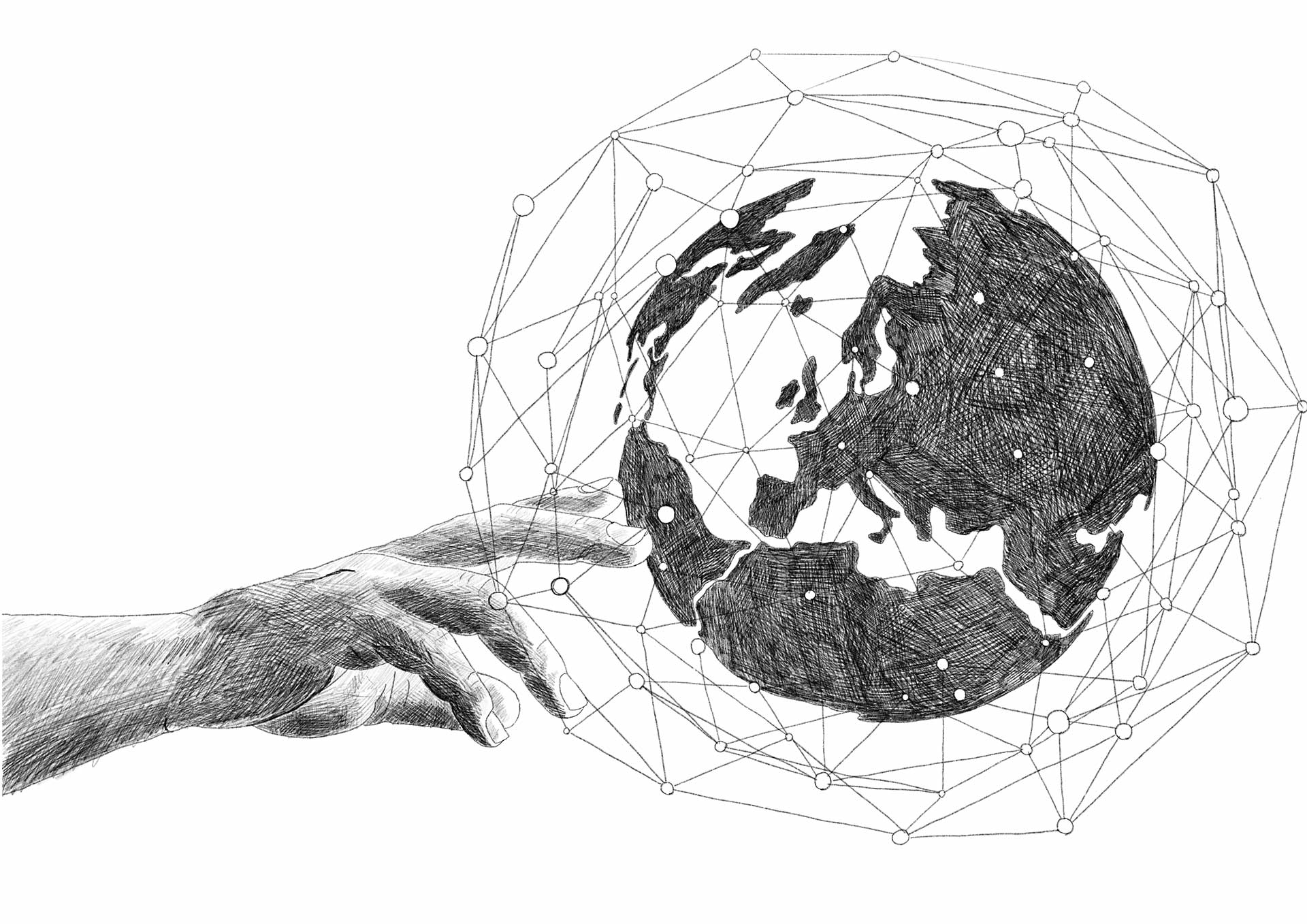 «Globalt nettverk»: En hånd strekker seg mot en jordklode. Jordkloden er omkranset av et nett med noder. (tegnet)